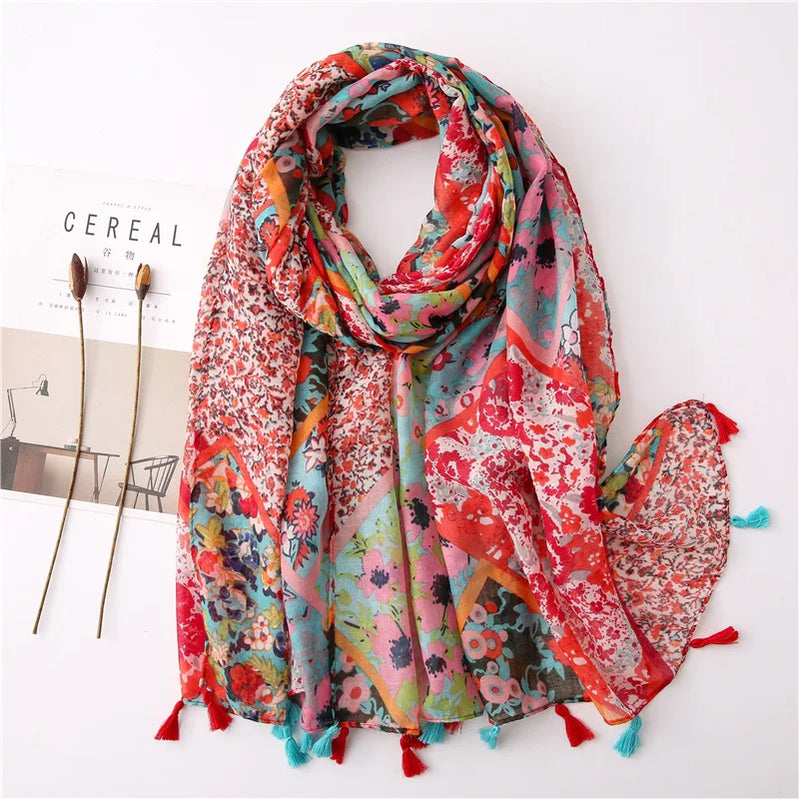 2023 Fashion Paisley Abstract Floral Tassel Viscose Shawl Scarf Lady High Quality Wrap Thin Pashmina Stole Muslim Hijab 180*90Cm 24