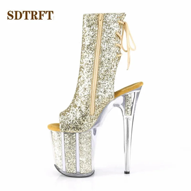 Stilettos 20cm Thin Heels Ankle boots transparent Platforms shoes Woman Rhinestone Tassels Botas Mujer Sequined pumps Gold