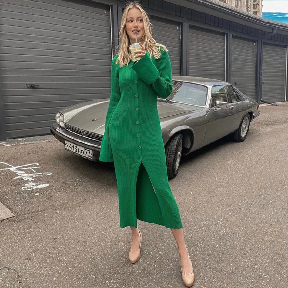 2025 Autumn Bodycon Dress Sweater Knitted Green Women Sexy Midi Split V Neck Long Sleeve Casual Dresses Party Vestidos