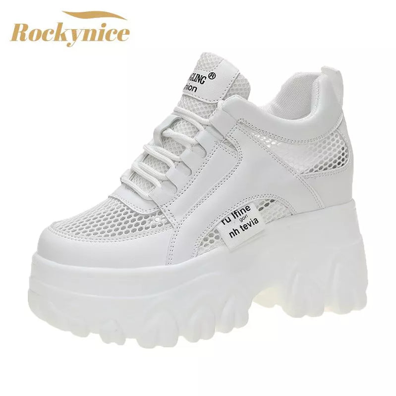 Breathable Mesh Chunky White Sneakers Women Summer Hollow Out Mesh Platform Sandals Woman Height Increased Casual Shoe 10cm