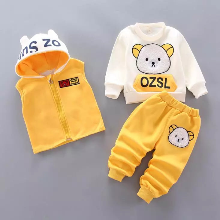 Baby Boys And Girls Clothing Set Tricken Fleece Children Hooded Outerwear Tops Pants 3PCS Outfits Kids Toddler Warm Costume Suit Yellow 1