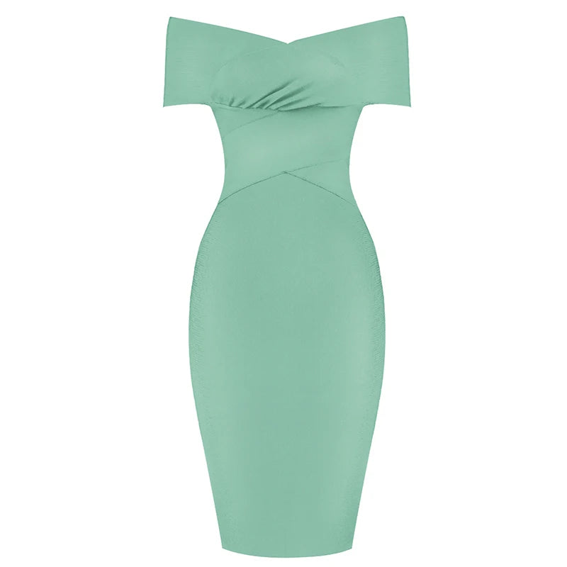 Summer Women Bodycon Sexy Off The Shoulder Rayon Bandage Dress Club Dress Midi Celebrity Party Dress