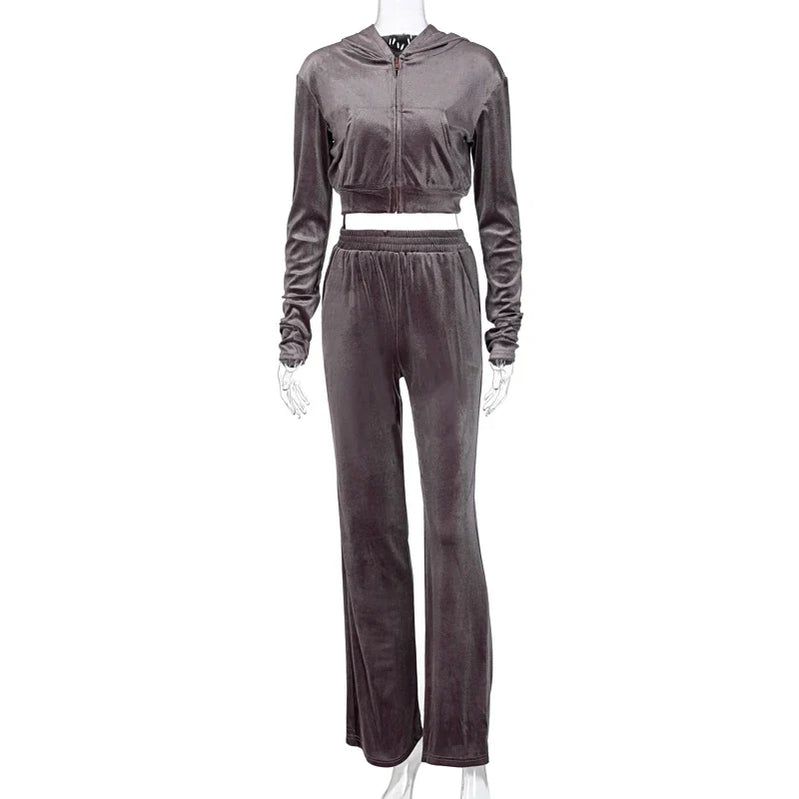 Dulzura Velvet Women 3 Piece Set Hoodie Sweatshirt Zipper Tube Crop Top High Waist Wide Leg Pants Tracksuit Sporty Casual Outfit Coffee