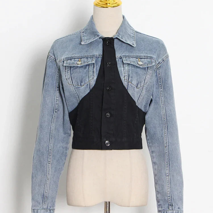 TWOTWINSTYLE Hit Color Patchwork Denim Two Piece Sets Women Long Sleeve Coat Jacket Female High Waist Pencil Pants Jeans 2022