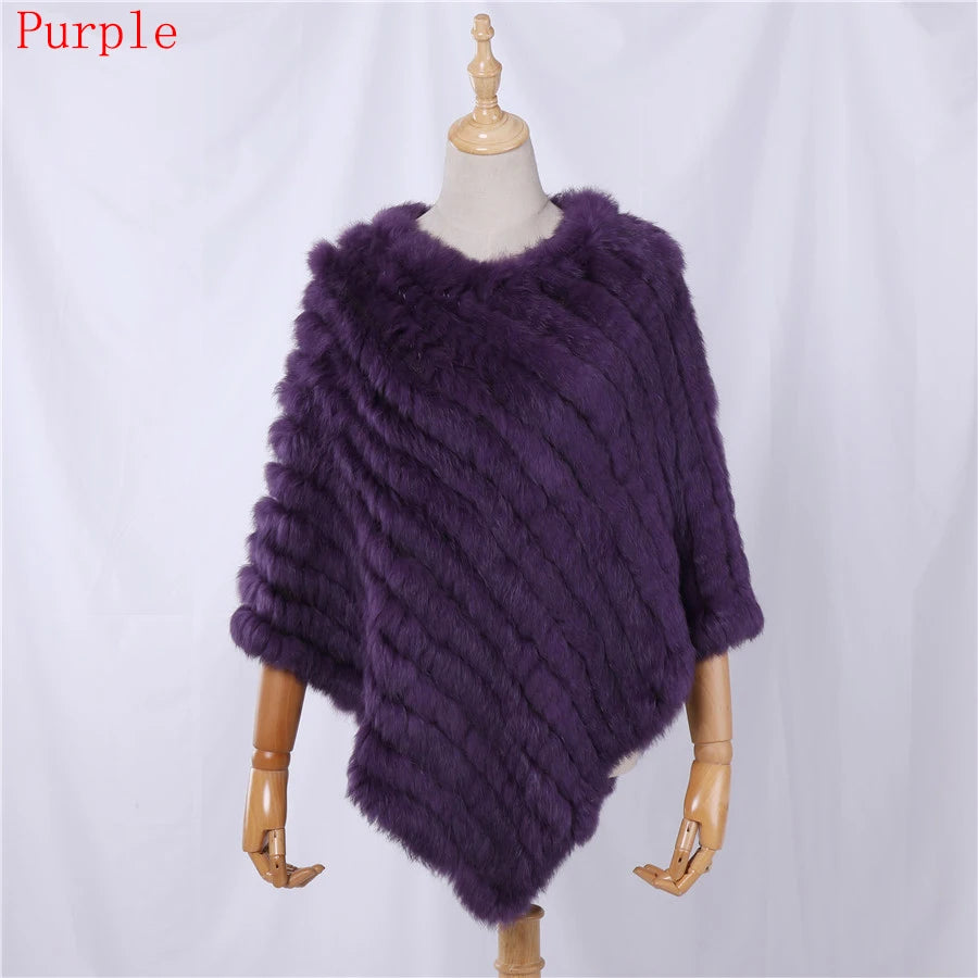 Rabbit Fur Knitted Natural Fur Poncho Fashion Wrap Coat Shawl Lady Scarf Natural Fur Wedding Party Wholesale Cape Purple