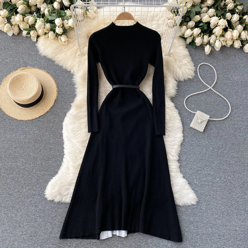 Banulin Outono Inverno Retro Estampa Plissado Vestido Feminino Elegante Malha Gradiente Patchwork Manga Longa OL Vestido Midi com Cinto