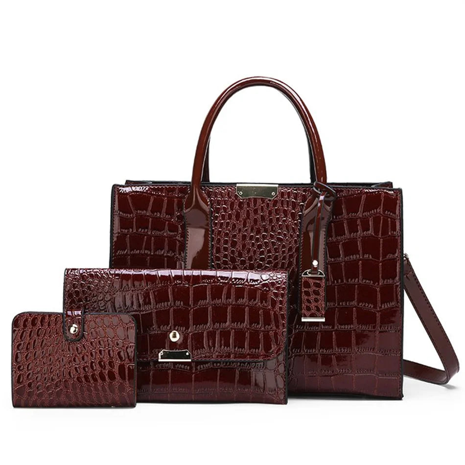 Casual Tote Sac Vintage Crocodile Pattern Patent Leather Luxury Handbags Brand Designer Large Capacity Shoulder Messenger Bag Dark Brown-1