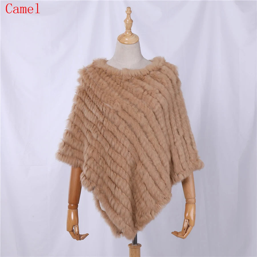Rabbit Fur Knitted Natural Fur Poncho Fashion Wrap Coat Shawl Lady Scarf Natural Fur Wedding Party Wholesale Cape Camel