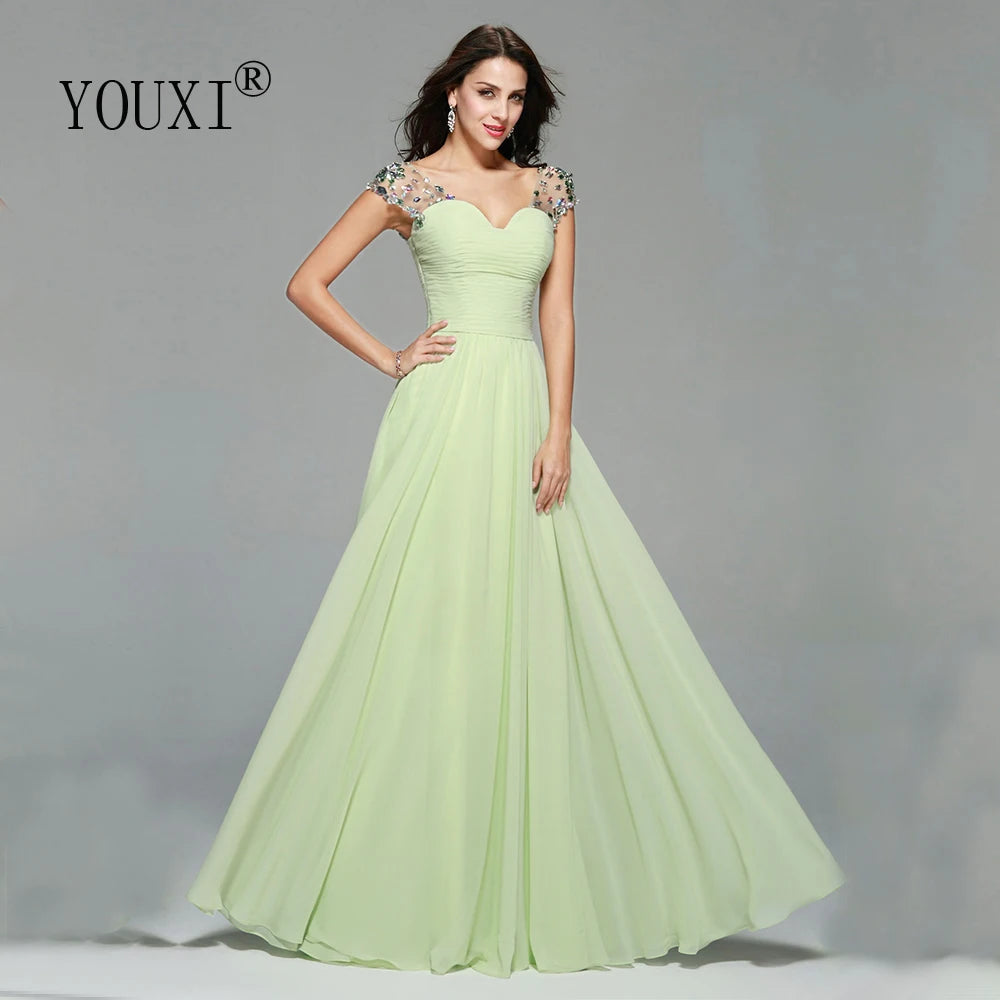 Elegant Cap Sleeves Light Green Prom Dresses Chiffon Crystal vestido de festa Evening Formal Dress for Women