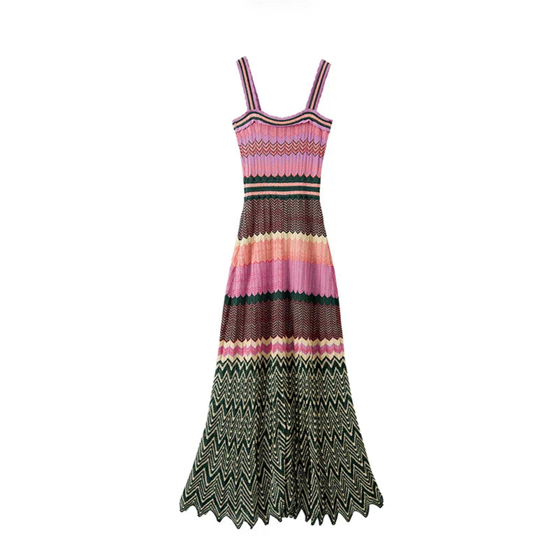Bohemian Style Sleeveless Knitted Dress for Women, Slim Long Dresses, Geometric Pattern, Summer Party Dress, SL297, New MULTI One Size