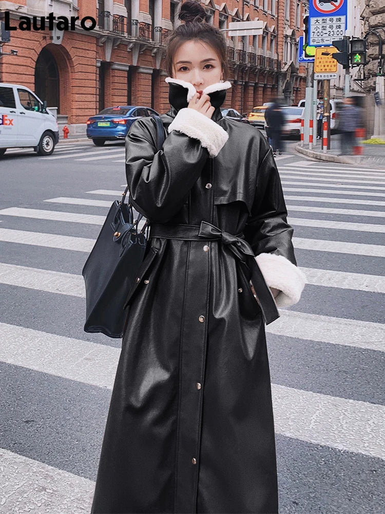 Winter Long Warm Thick Leather Trench Coat for Women with Faux Fur Inside Belt Loose Korean Fashion 2021 Fur Lined Parka