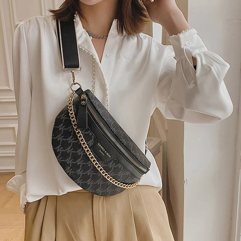 Women Chain Waist Bag PU Leather Fanny Pack Waist Belt Bag for Women Luxury Shoulder Crossbody Chest Purses and Handbag