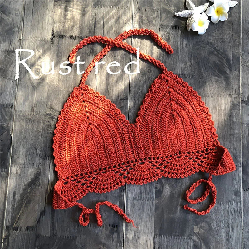 Micro Bikini 2020 Women Handmade Crochet Knit Swimwear Halter Patchwork Bathing Suit Swimsuit Biquini Thong Bikini traje de bano Red