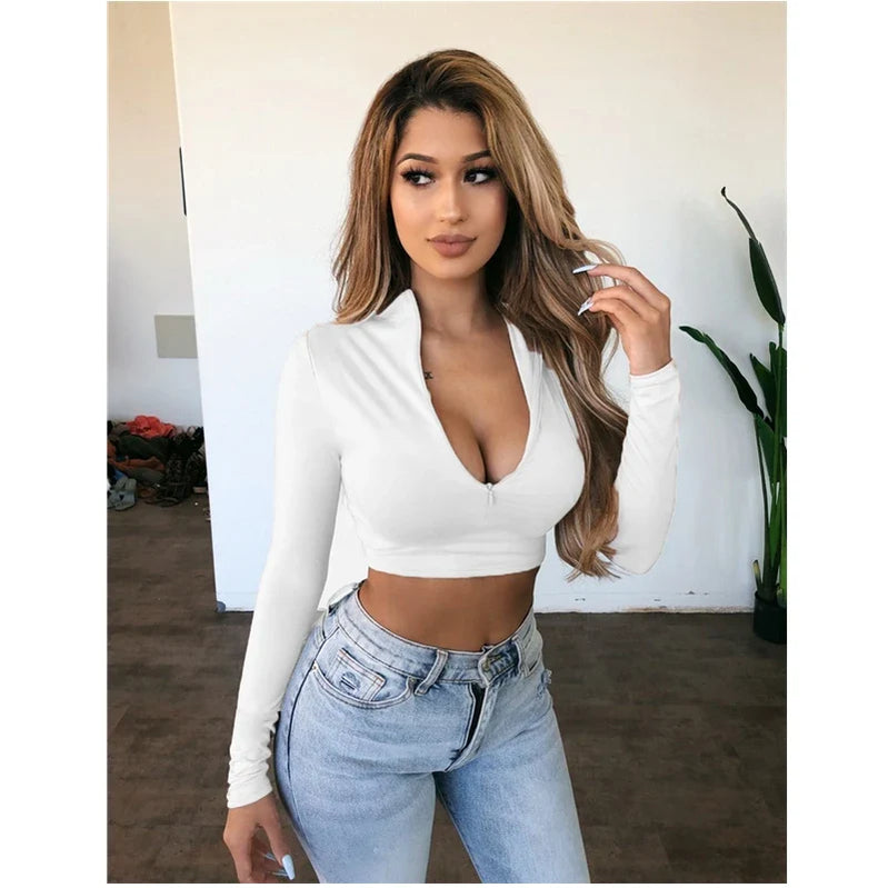 Women Long Sleeve Crop Tops Skinny Sexy Ladies Skinny Autumn Pre-fall Turtle Neck Zip Up T-Shirt New Tees