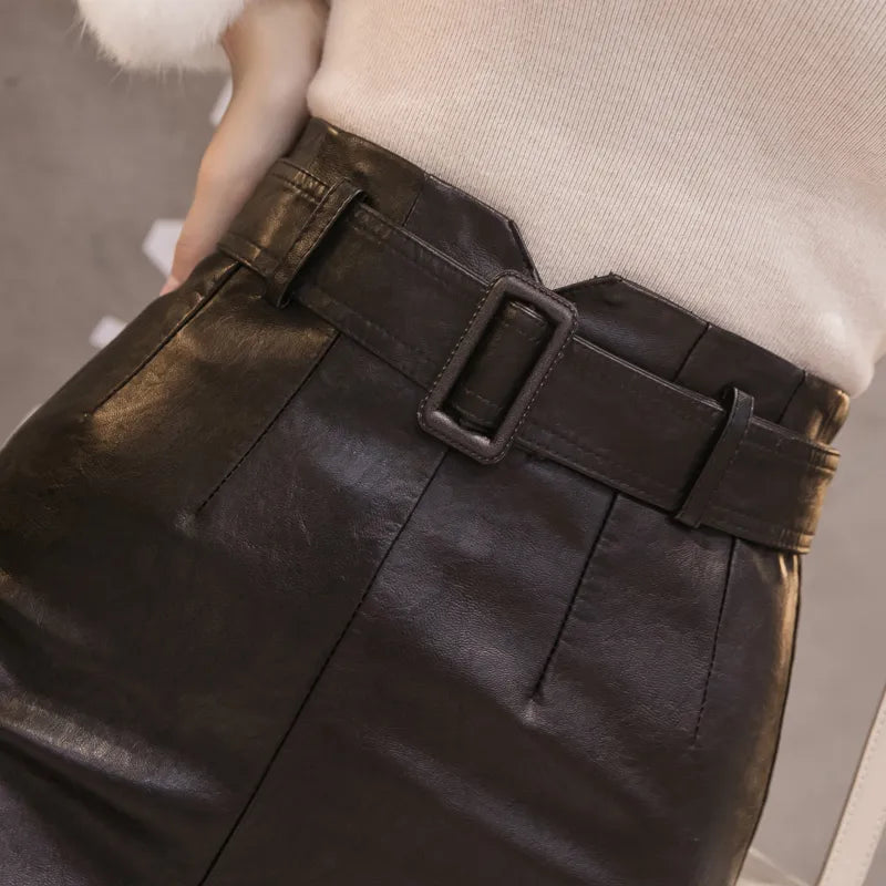 Front Split Pu Leather Skirts Womens Autumn Winter High Waist Midi Skirt Black Pencil Skirt Korean Elegant