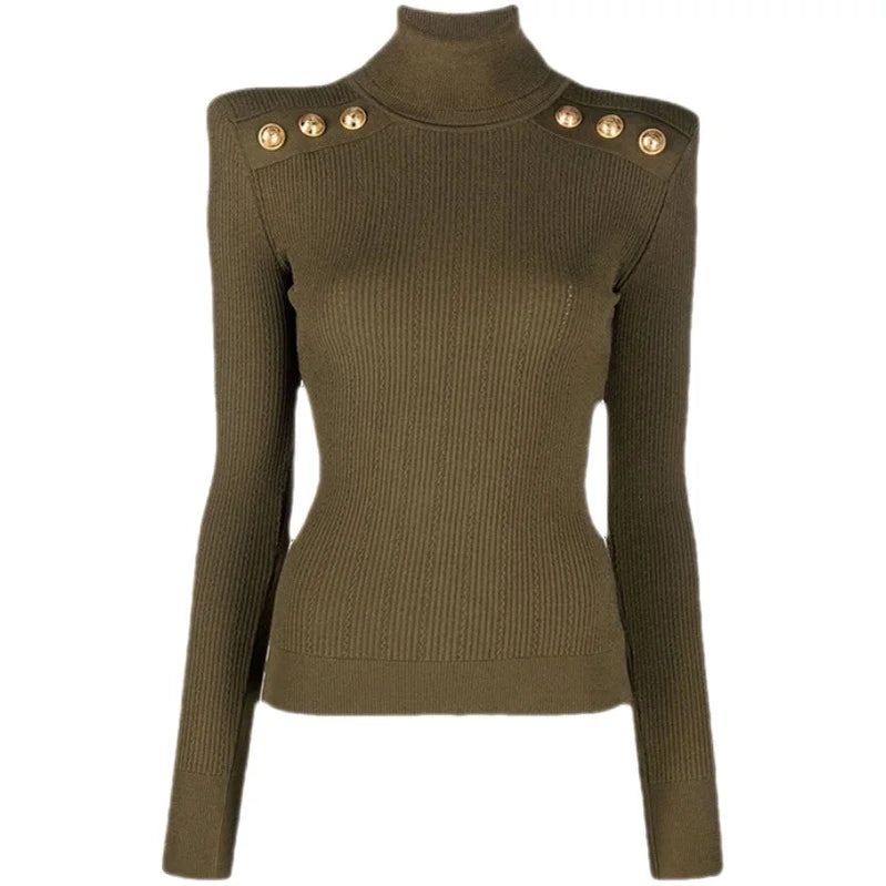 Classic Turtlenecks Pullovers Long Sleeve Gold Buckle Sweater Women Winter Fall Casual Elasticity Knitting Top army green