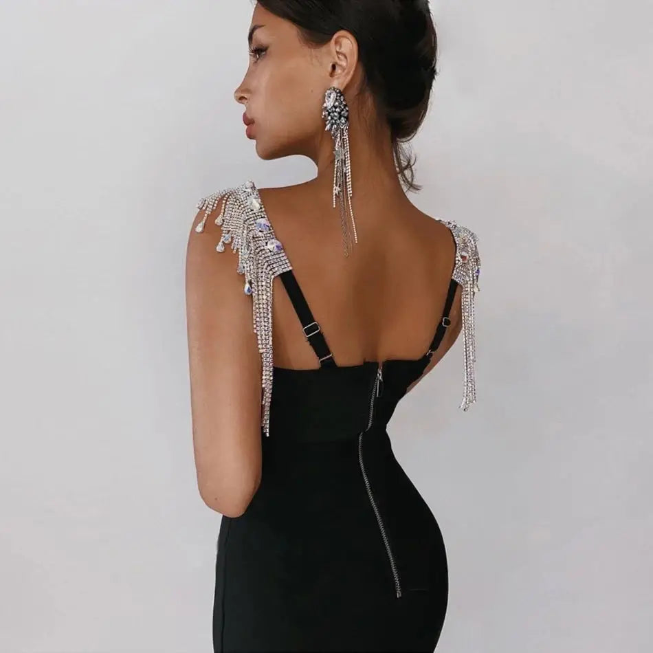 Vestido bandage de rayon preto e rosa com mangas de borla e elegante vestido de festa de coquetel