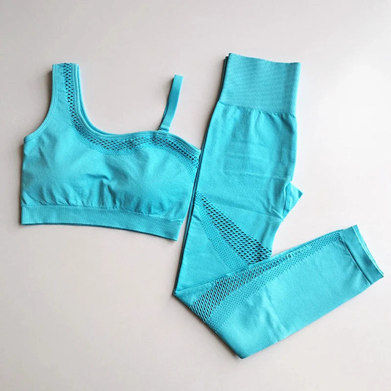 Seamless Yoga Set Sport Outfits Women 2pcs Two Piece Hollow Long Sleeve Crop top Leggings Workout Wear Gym Suit Fitness Sets Blue Bra Set