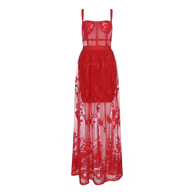High Quality Red Lace Sleeveless Hollow Out Long Rayon Bandage Dress Evening Party Cute Dress Red