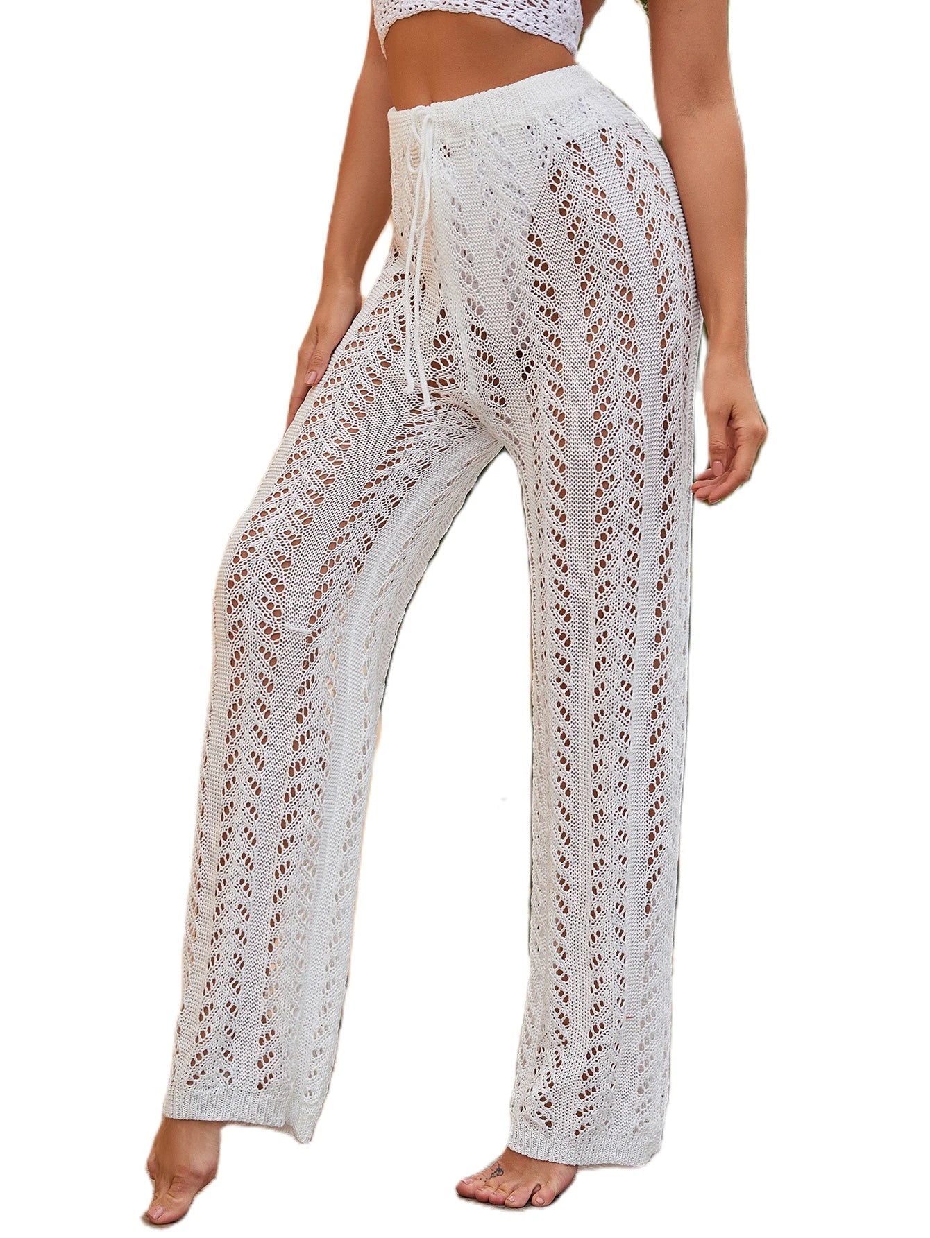 Women Beach Bikini Swim Pants Sexy Bikini Cover Up Sunscreen Nets pant Mesh Tunic Pareo Beachwear Crochet Slim Bikini Top WHITE