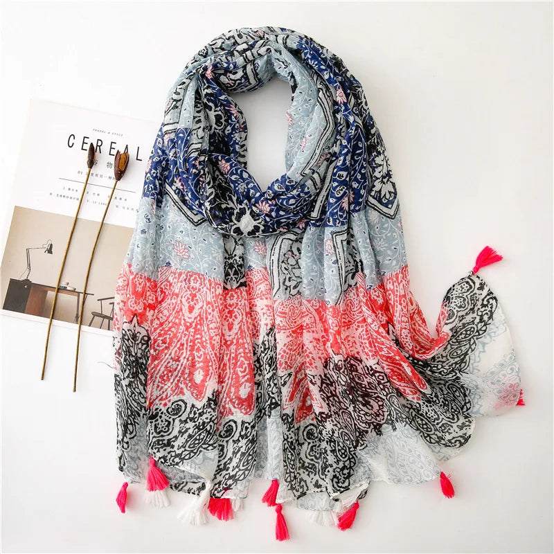 2023 Fashion Paisley Abstract Floral Tassel Viscose Shawl Scarf Lady High Quality Wrap Thin Pashmina Stole Muslim Hijab 180*90Cm 18
