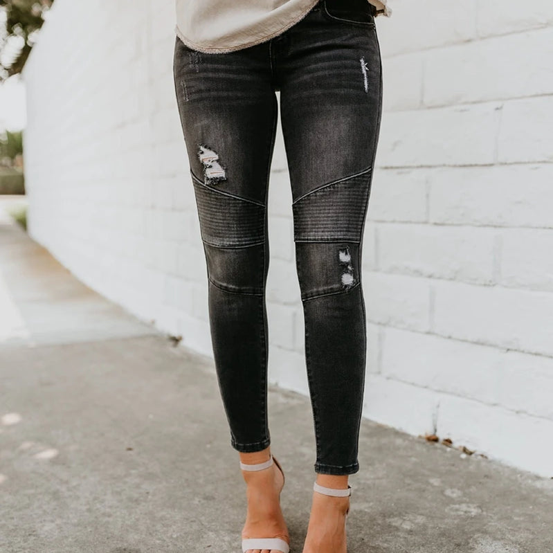 Fashion Mid Waist Skinny Jeans Women Vintage Distressed Denim Pants Autumn Crimped Destroyed Pencil Pants Casual Ripped Jeans