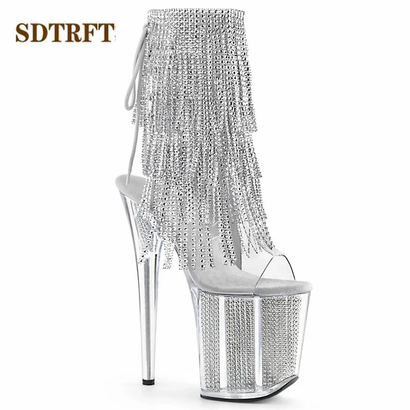 Stilettos 20cm Thin Heels Ankle boots transparent Platforms shoes Woman Rhinestone Tassels Botas Mujer Sequined pumps