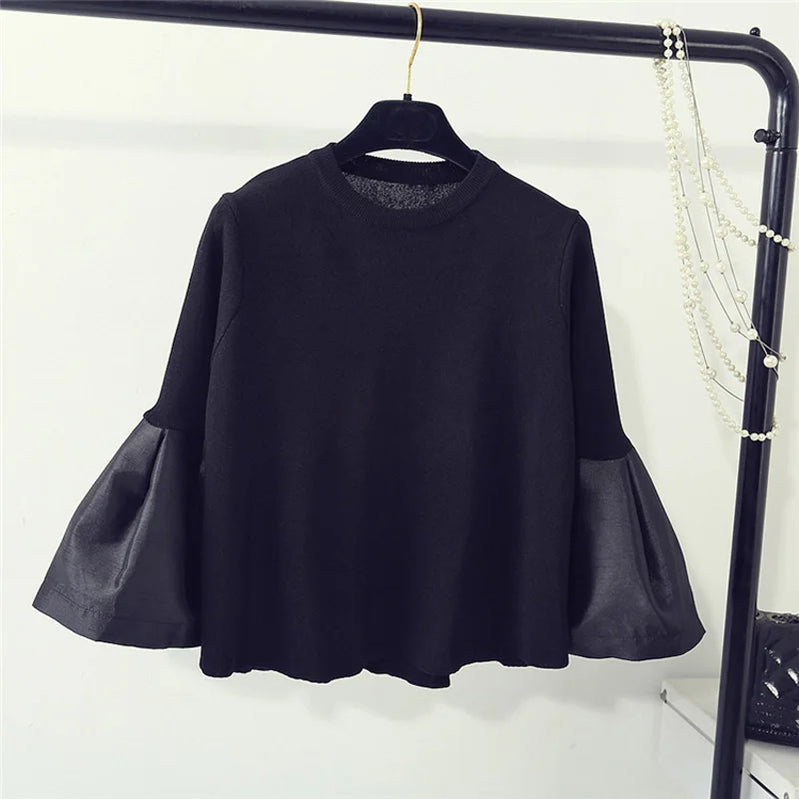 spring cute loose sweater womens fashion korean knitted shirts flare sleeve striped stitch pullovers women tops blusa pull black One Size