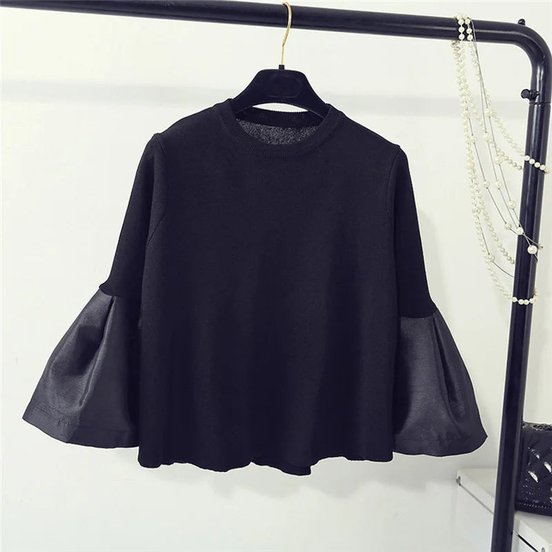 spring cute loose sweater womens fashion korean knitted shirts flare sleeve striped stitch pullovers women tops blusa pull black One Size