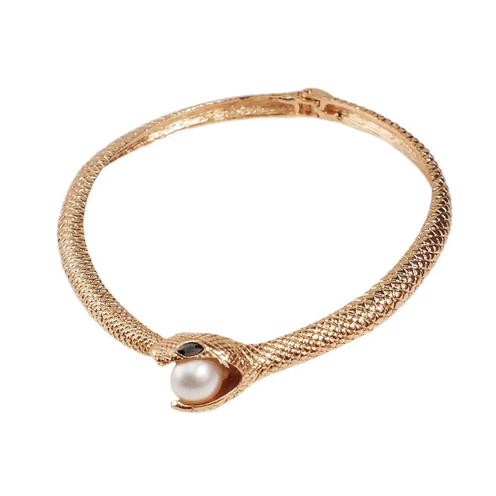 KDLUN Snake with Alloy Curved Bar Design Neck Collar Choker Necklace for Women Imitation Pearl Statement Necklace Party Jewelry 4950 Gold Color