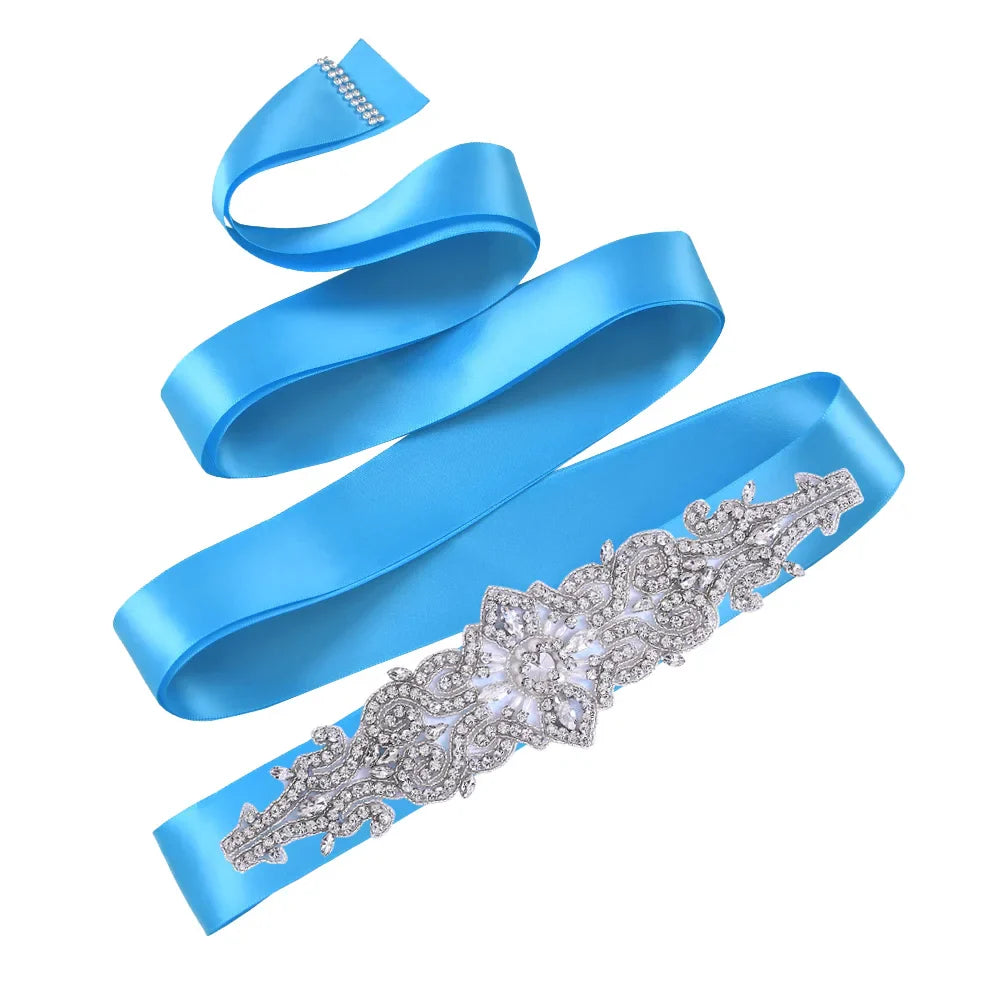 TOPQUEEN S26 Luxury Rhinestones Wedding Dresses Belt Women Crystal Applique Decoration Sparkly for Bride Waistband Bridal Sash Blue ribbon