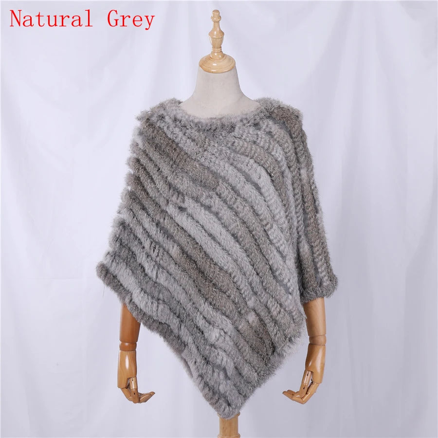 Rabbit Fur Knitted Natural Fur Poncho Fashion Wrap Coat Shawl Lady Scarf Natural Fur Wedding Party Wholesale Cape Natural Grey