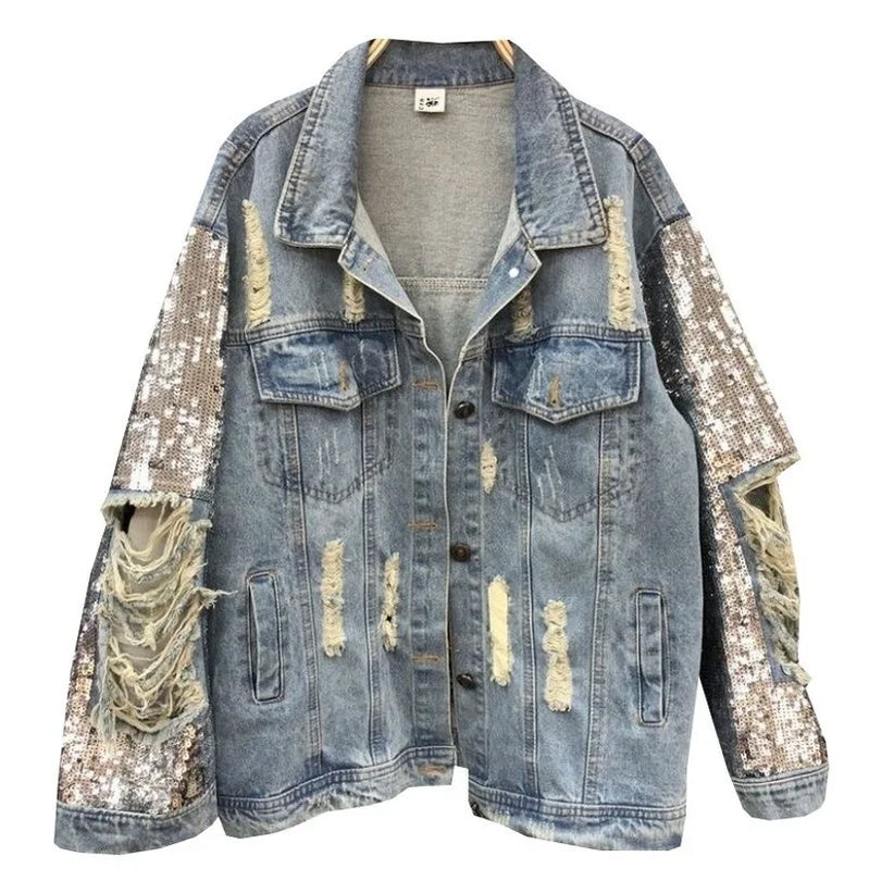 Streetwear Woman Coat Denim European Style Sequin Jacket Female Spring Autumn Jeans Clothes Woman Bling Jacket Coat