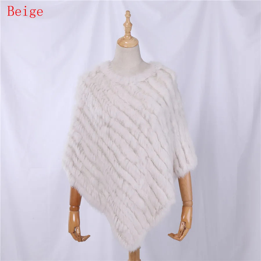 Rabbit Fur Knitted Natural Fur Poncho Fashion Wrap Coat Shawl Lady Scarf Natural Fur Wedding Party Wholesale Cape Beige