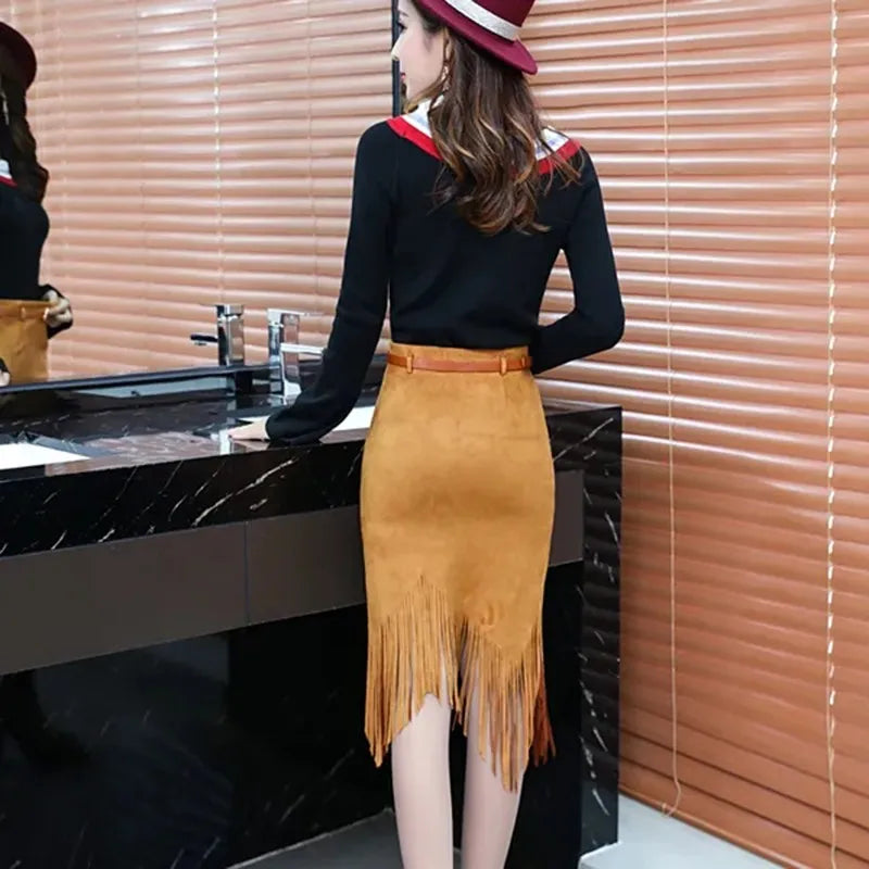 Multi Color Suede Sexy Midi Pencil Skirt Women Fashion High Waist Office Lady Bodycon Tassel Skirts With Belt
