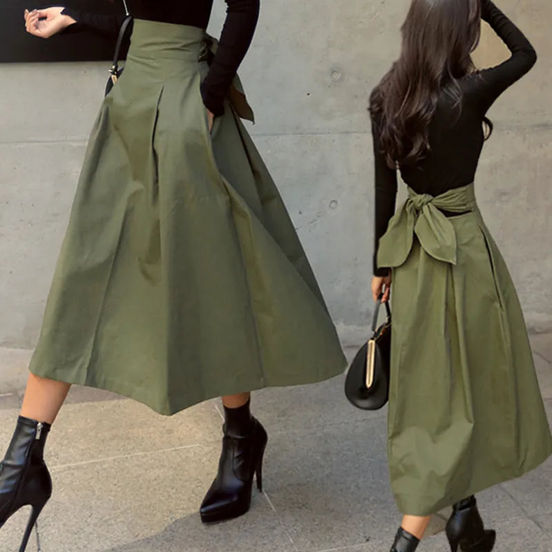 Skirts Womens Korean Fashion Solid Color Big Swing Women Skirt Long Skirt Autumn Wild High Waist Bow Slim Skirts