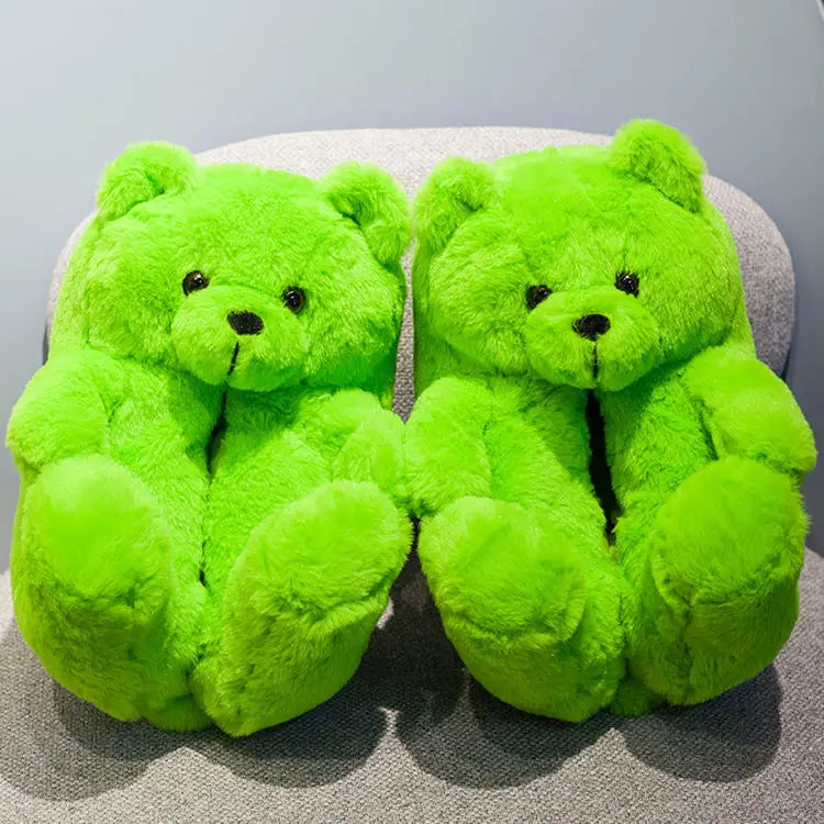 Multi-colors Cute Bear Fur Slippers Women Girls Warm Animal Slipper Female Indoor House Shoes Casual Soft Woman Fur Flipflops Green