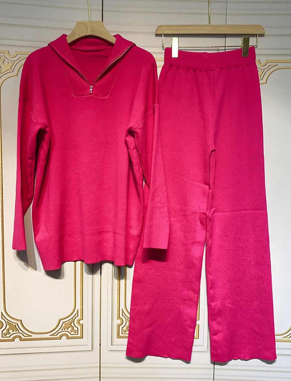 2024 Casual Autumn Loose Knit Sweater Set Fashion Zip Lapel Long Sleeve Pullover Sweater & Straight Pants Two-piece Set