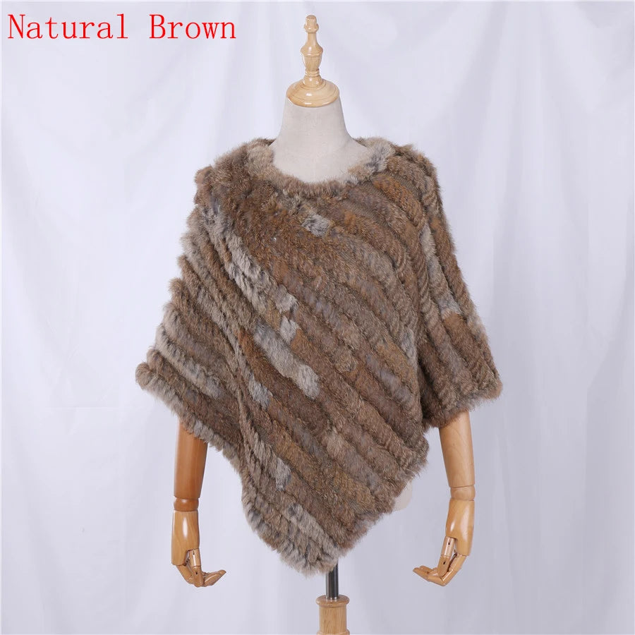 Rabbit Fur Knitted Natural Fur Poncho Fashion Wrap Coat Shawl Lady Scarf Natural Fur Wedding Party Wholesale Cape Natural Brown