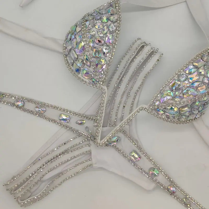2020 venus vacation V collar rhinestone swimwear daimond bikini set push up swimsuit bling stones bathing suit WHITE
