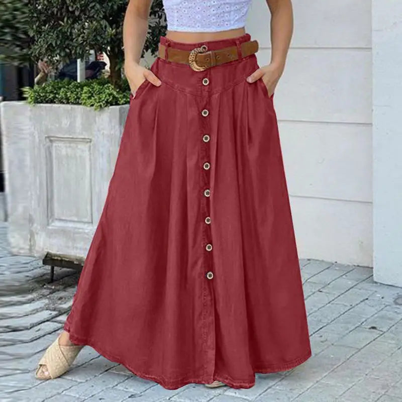 Fashion Button Maxi Skirts Women Summer Sundress Casual High Waist Long Vestidos Female Solid Robe Femme Wine Red