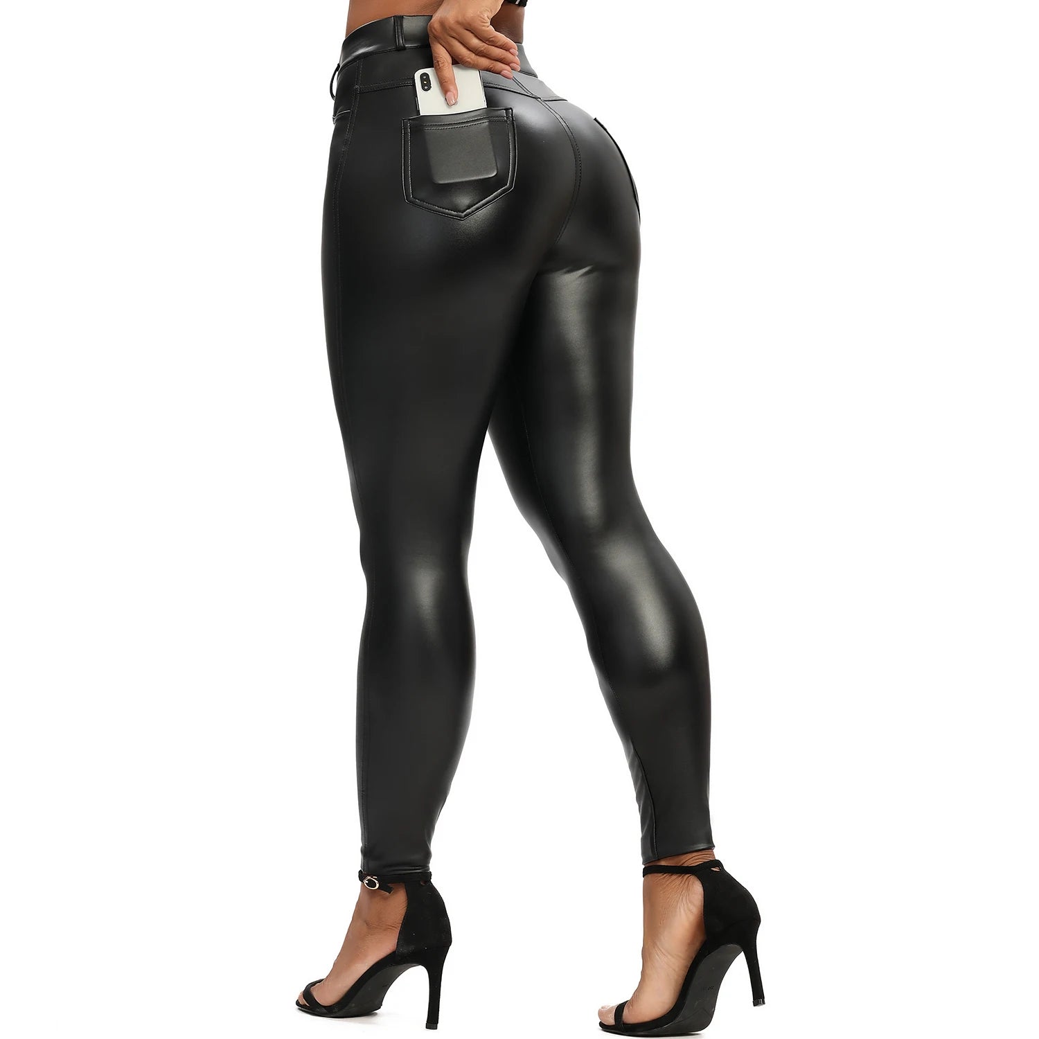 Women PU Leather Leggings Black Pockets Leather Pencil Pants High Waist Sexy Skinny Stretch Leggings Thin Velvet Leather Trouser Black Pockets