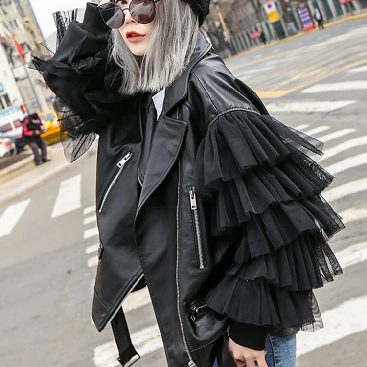 Autumn Short Black Oversized Lace Patchwork Leather Biker Jacket Long Sleeve Loose Womans Clothing Fashionable Outerwear