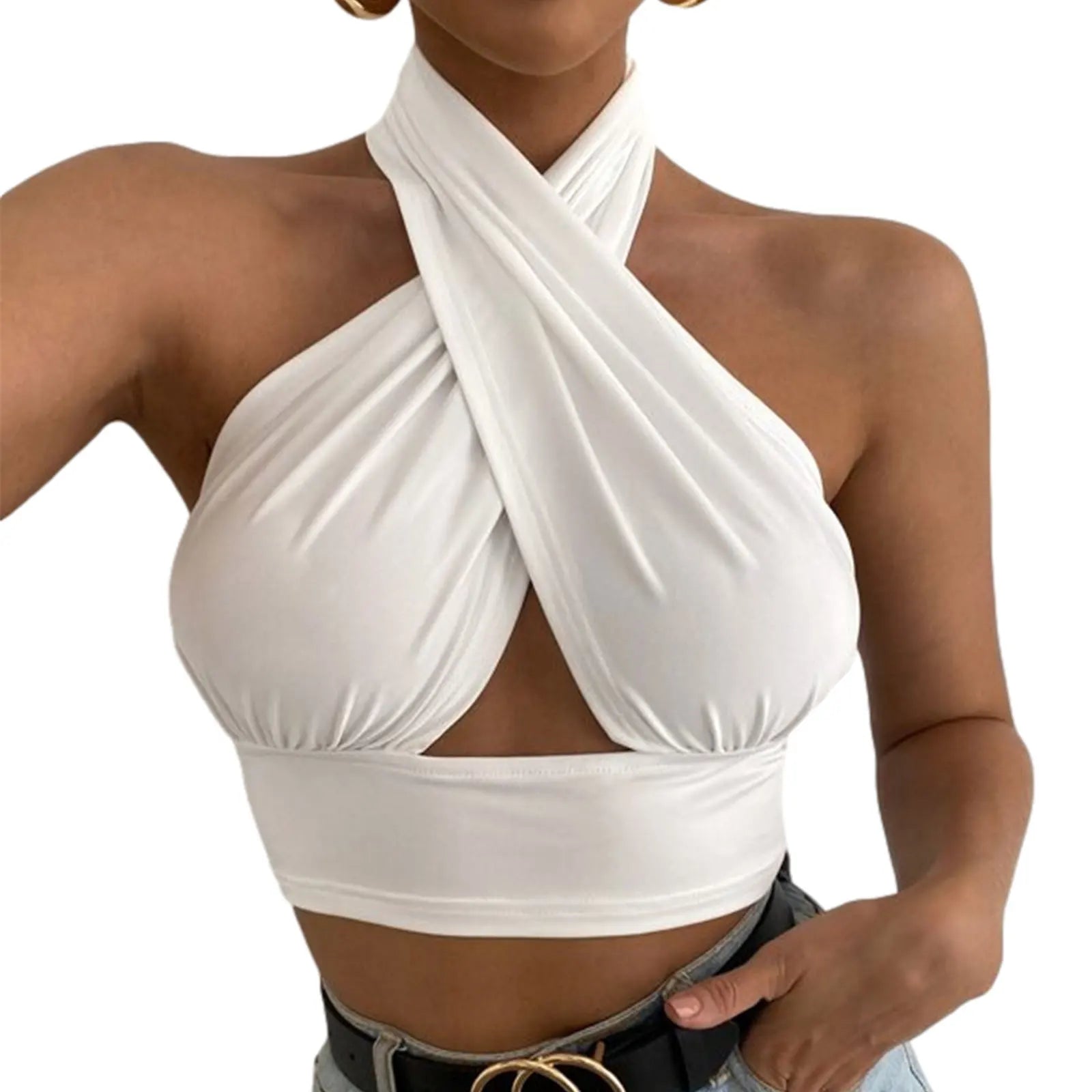 Women Summer Tank Tops Solid Cross Halter Camis Backless Crop Tops Female Camisole Cropped Top Slim Sleeveless Streetwear WHITE