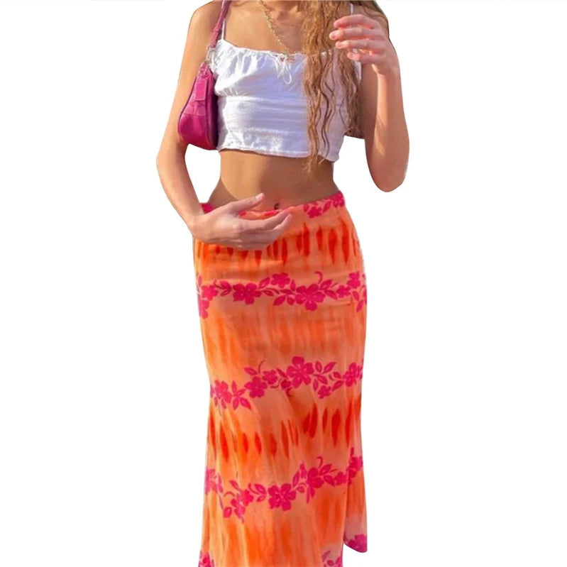 Women's Y2K Printed Midi Skirt 90s Hurajuku High Waist Cute E-Girl Streetwear Summer Goth Maxi Long Pencil Skirts