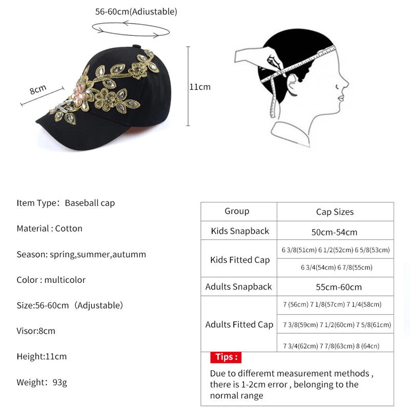 Baseball Cap With Flower Canvas Snapback Caps For Women Female Cap Hat Rhinestone Denim Cap