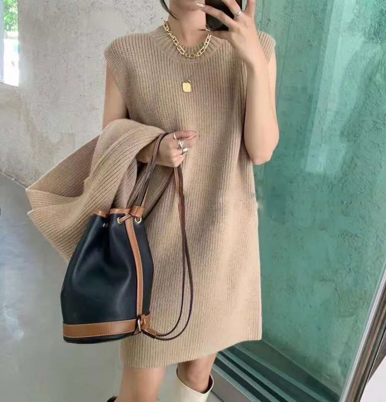 FIGOHR Thick Plain Knitted Dress Sets Women's Elegant Sweaters Lantern Sleeve Shawl and Dress 2 Pieces Outfits Autumn Winter