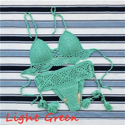 Handmade Crochet Push up Bikini Set Sexy Women Swimwear Crop Top Beach Swimsuit Suit Light Green
