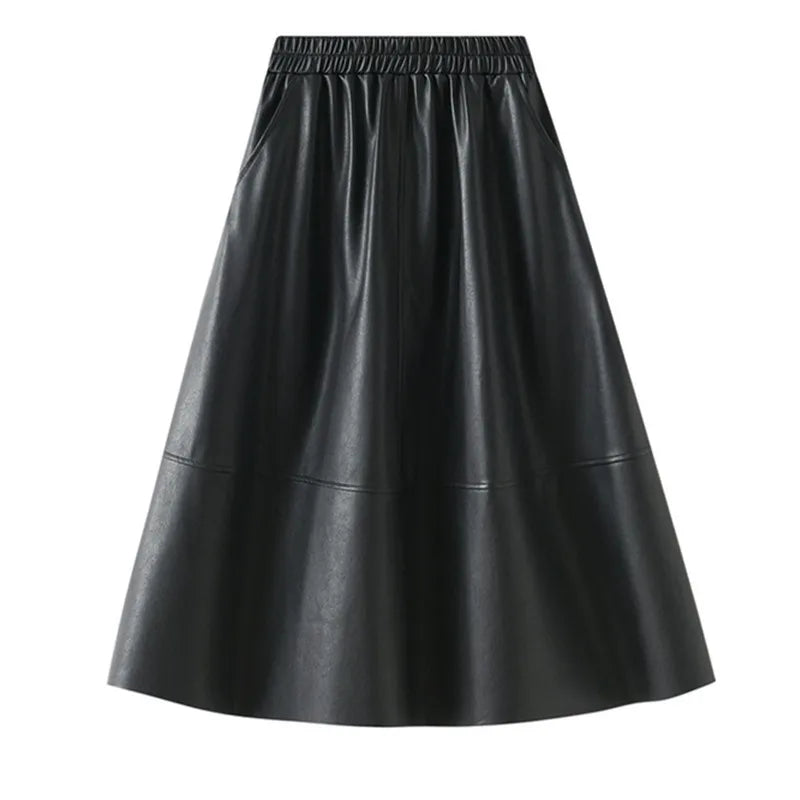 Neophil Korean Style Latex Sarong Women Winter Skirts Solid Retro Pu Faux Leather Umbrella Pockets Gray Midi Skirt S211101 black One Size