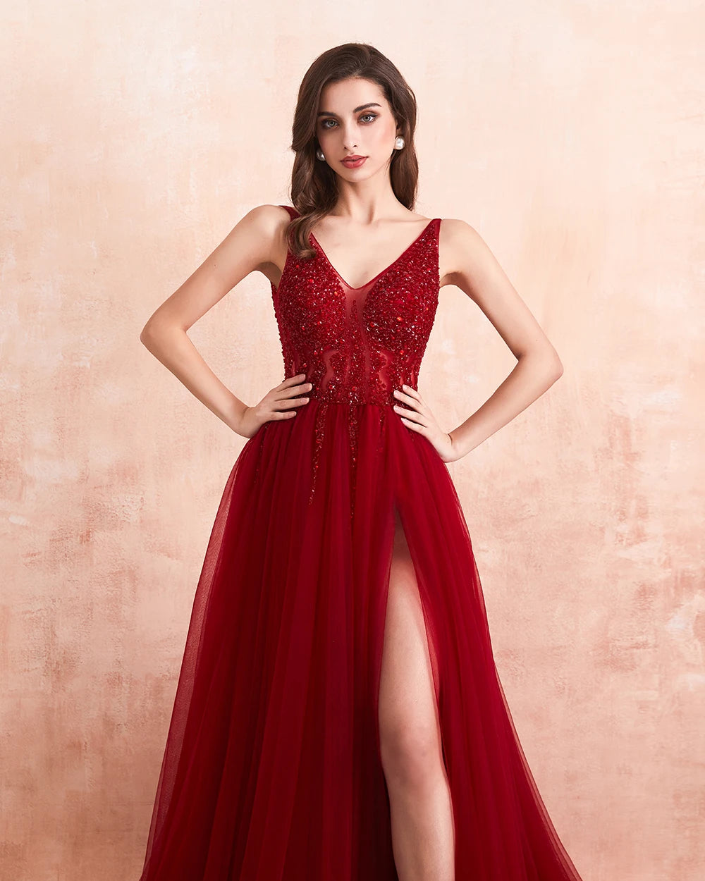 Beading Prom Dresses Long Sexy V-Neck High Split Tulle Sweep Train Sleeveless Evening Gown A-Line Backless Vestido De